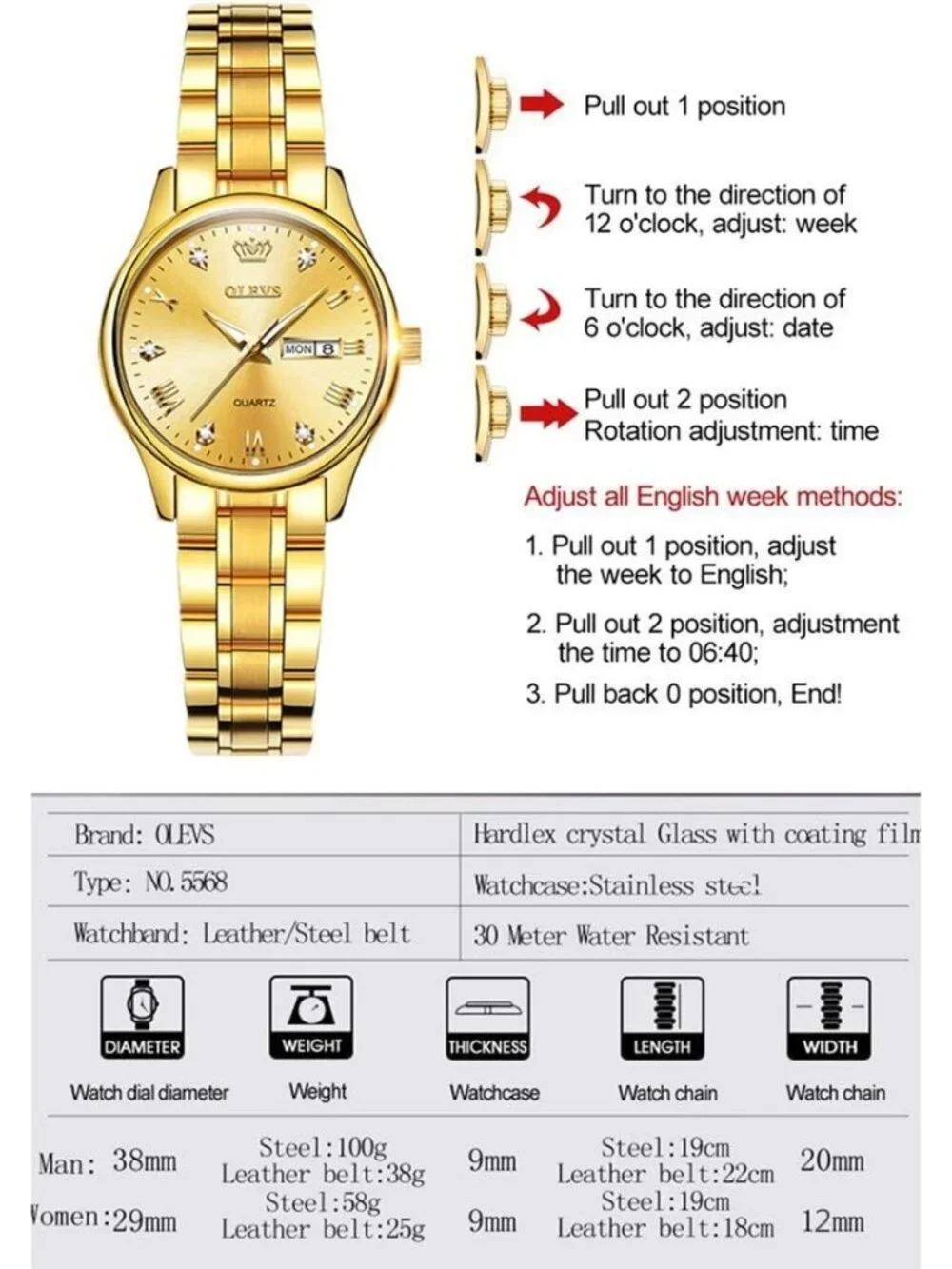 Women's Gold Crystal Accent Analog Quartz Roman Numerals Dial Fashion Wristwatch